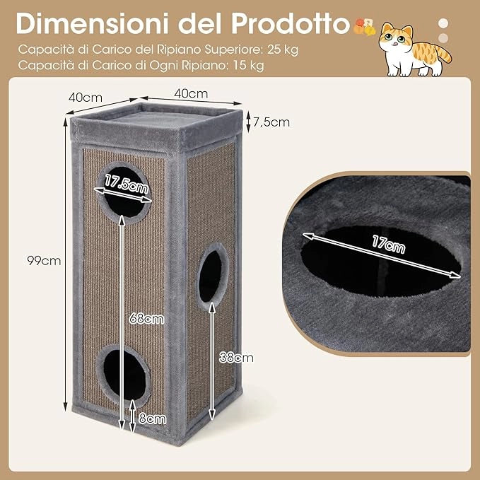 Casa per Gatti a 4 Piani, Condominio per Gatti Alto 99 cm con Trespoli per Graffiare, 3 Nascondigli e 4 Morbidi Cuscini in Peluche, Mobili per Gatti Moderni a Forma di Barile