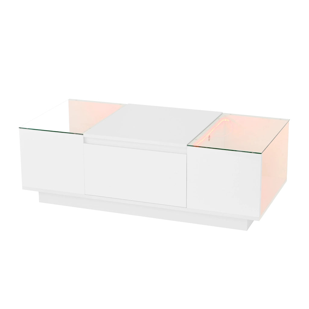 Tavolino da salotto moderno con LED - Zephmum- 105 cm, vetro, 2 cassetti