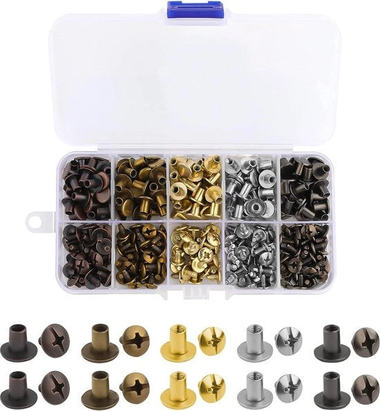150 set di viti a testa Chicago 8 mm - viti a testa a clip - clip di cuoio kit - scatola di conservazione - cinture di pelle per artigianato - 5 colori.