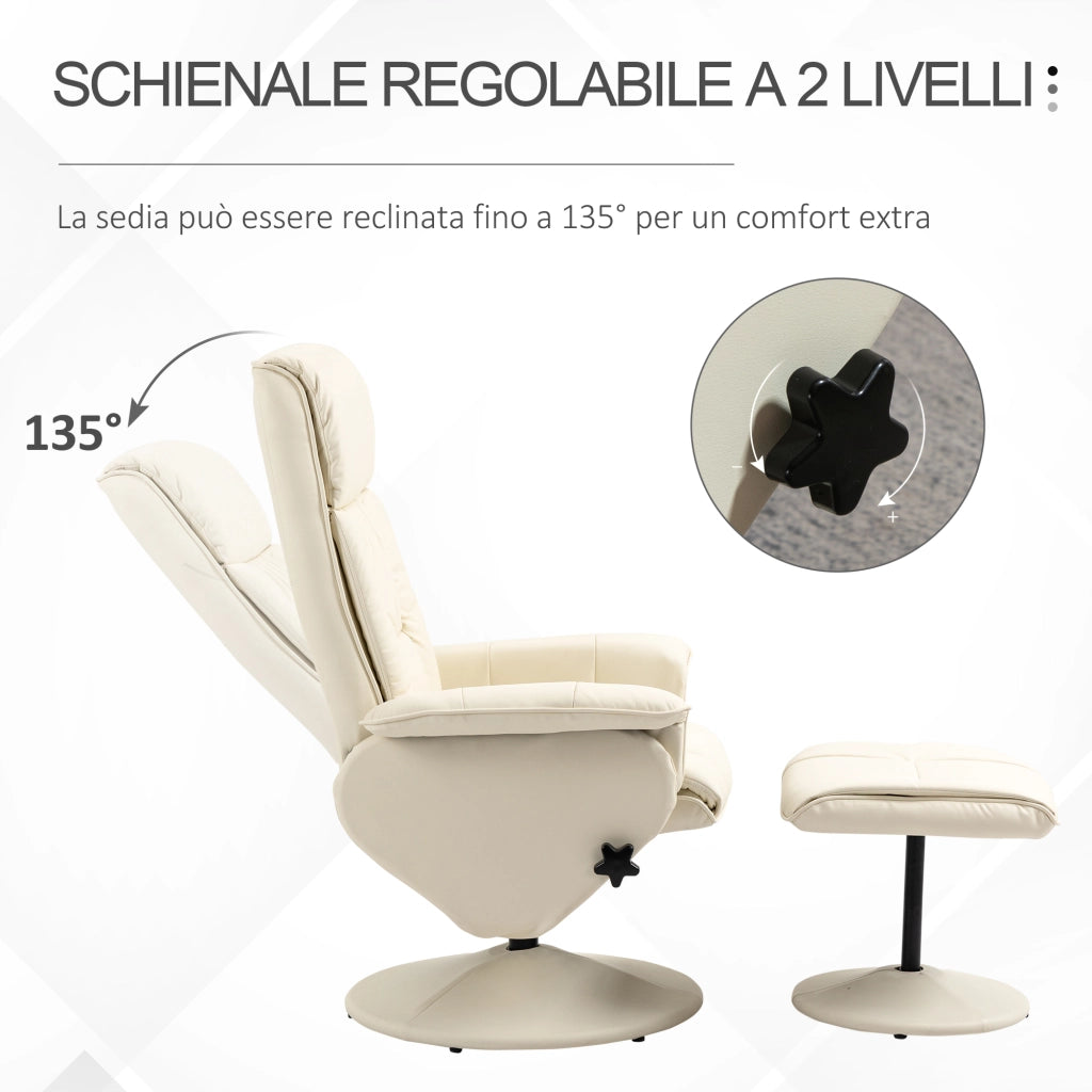 Poltrona Reclinabile con Pouf Poggiapiedi e Seduta Girevole ¨C Zephmum ¨C Crema 78x84x110 cm