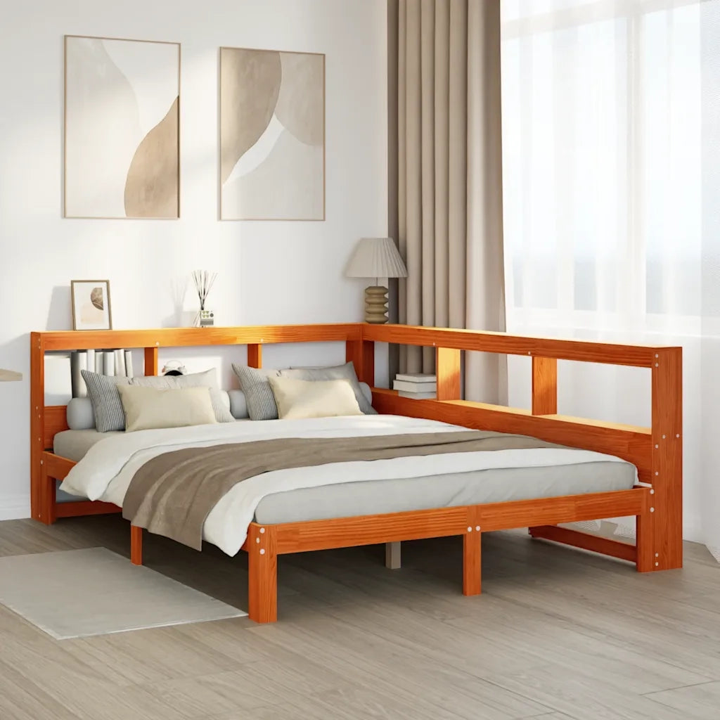 Letto Libreria senza Materasso-Struttura Letto con contenitore Marrone Cera 140x200 cm in Pino 129631