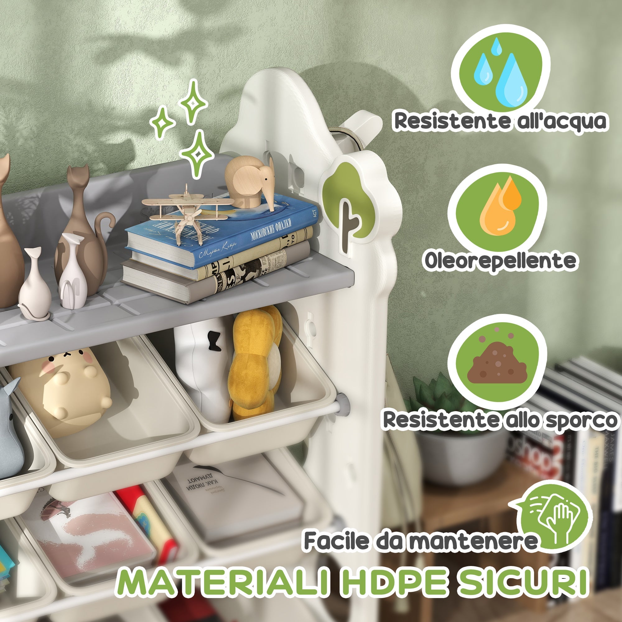 Scaffale Portagiochi a 4 Livelli con 9 Contenitori 77x42x94 cm in HDPE Bianco Crema