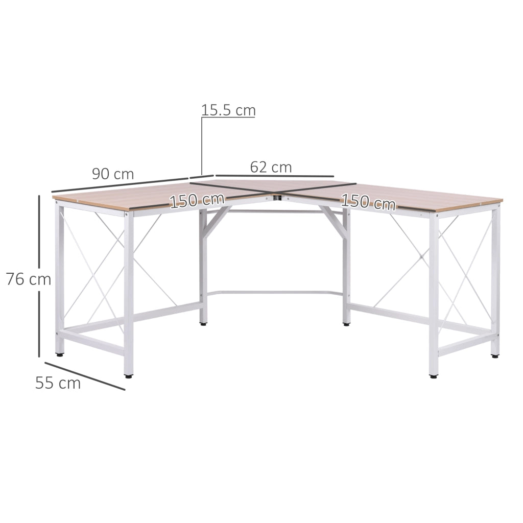 Scrivania angolare a L con ampia superficie, struttura in acciaio, per ufficio domestico e studio, naturale, 150 × 150 × 76 cm