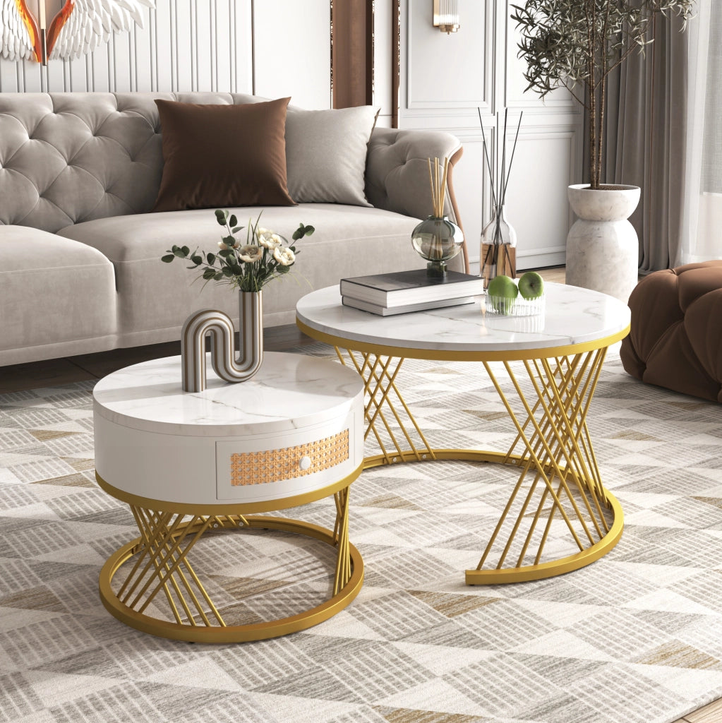 Set di tavolini rotondi 2 pezzi in MDF bianco e oro con cassetto