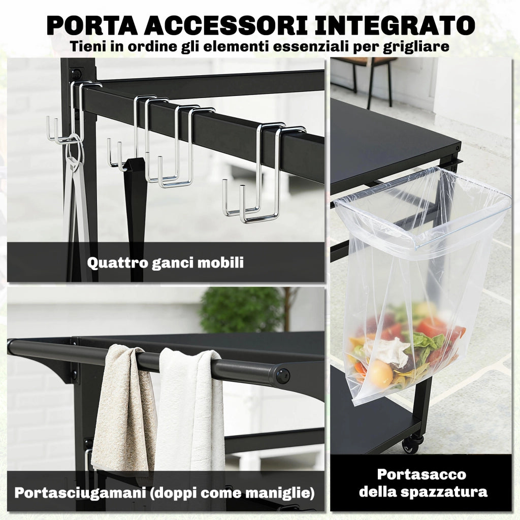 Carrello Barbecue 113x50,5x88 cm 2 Ripiani Supporto Pizza Portasacchi e Ganci in Metallo e Acciaio Nero