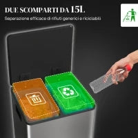 Bidone Immondizia a 2 Sezioni da 15L a Pedale con Coperchio Silenzioso, in Acciaio Inox e PP, 41.8x36.7x44 cm