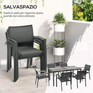 Set Tavolo e 6 Sedie Impilabili da Giardino in Tessuto a Rete e Tavolo Effetto Legno Grigio