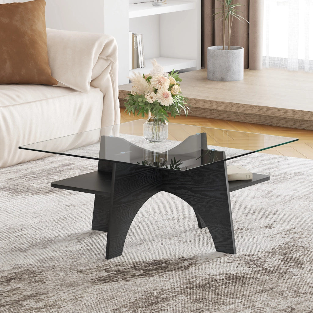 TAVOLINO quadrato 80x80 cm in vetro di sicurezza e MDF nero