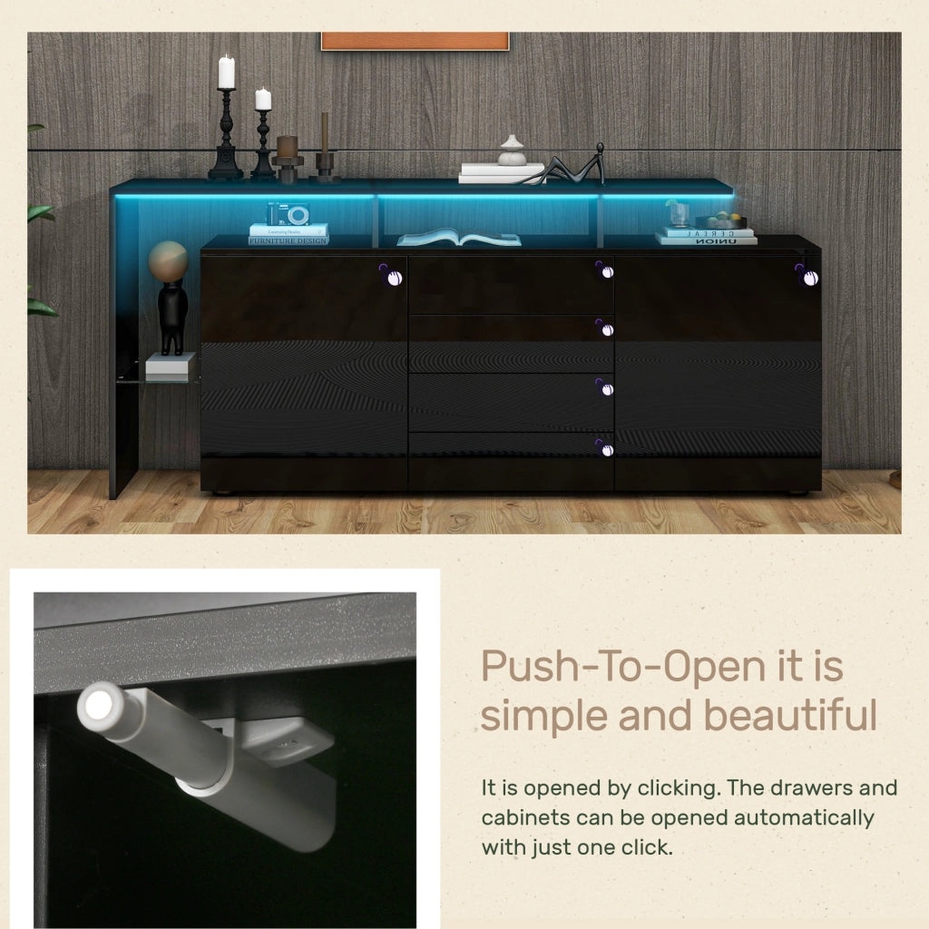 Credenza con 2 Ante; 4 Cassetti; 2 Vani a Giorno e LED; Controllo tramite App; Nero; 160¡Á35¡Á70 cm