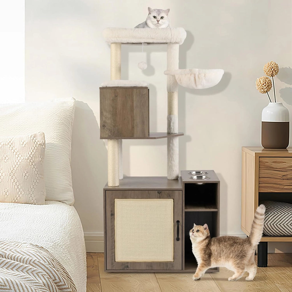 Mobiletto per Lettiera per Gatti, Tiragraffi per Gatti con Posto Graffio in Sisal e Tappetino, Pallina Pendenti, Toilette Nascosta e 2 Ciotole per Cibo, Mobili Moderni per Gattini (Grigio)