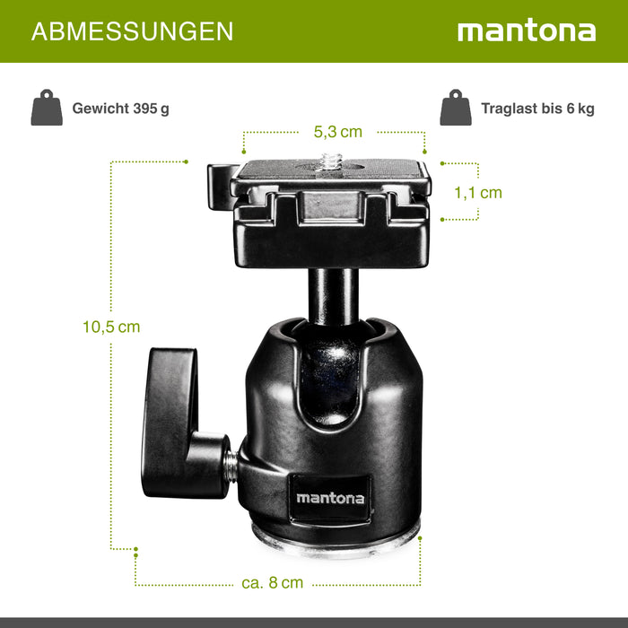 Mantona Testa a sfera per treppiede Scout (XL, portata massima circa 6 kg, adattatore per filettatura da 3/8 a 1/4 di pollice e piastra a sgancio rapido) Nero