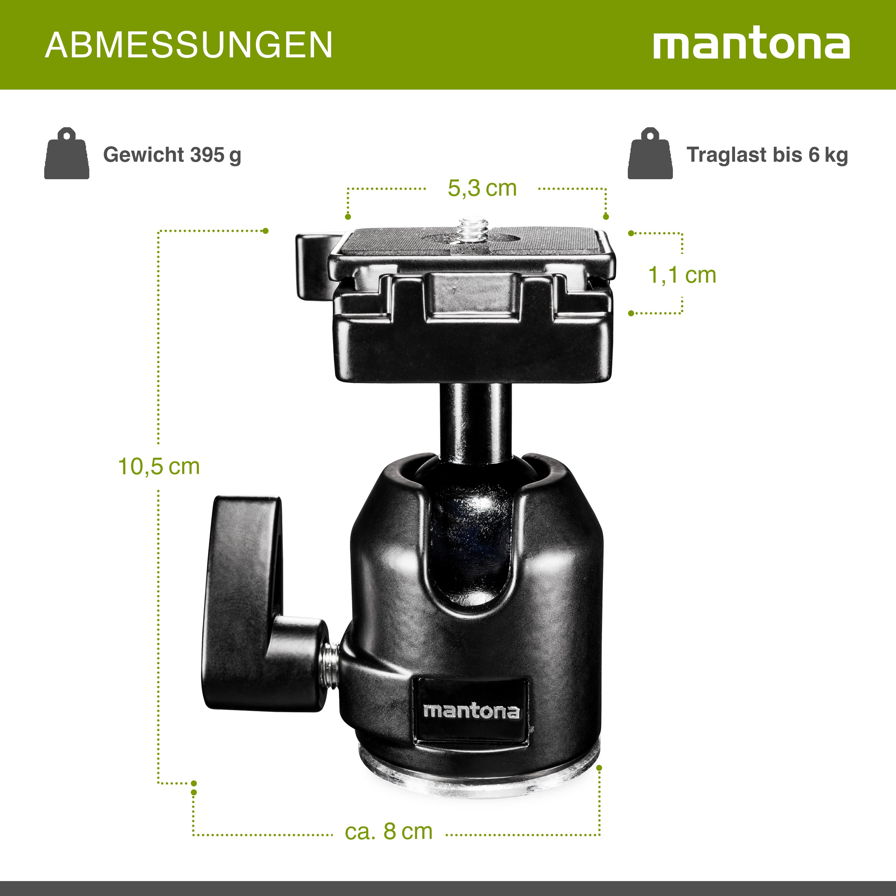 Mantona Testa a sfera per treppiede Scout (XL, portata massima circa 6 kg, adattatore per filettatura da 3/8 a 1/4 di pollice e piastra a sgancio rapido) Nero