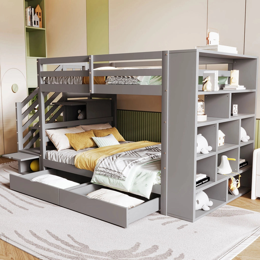 Letto a castello per bambini 90x200 cm con scala contenitore e cassetti; grigio