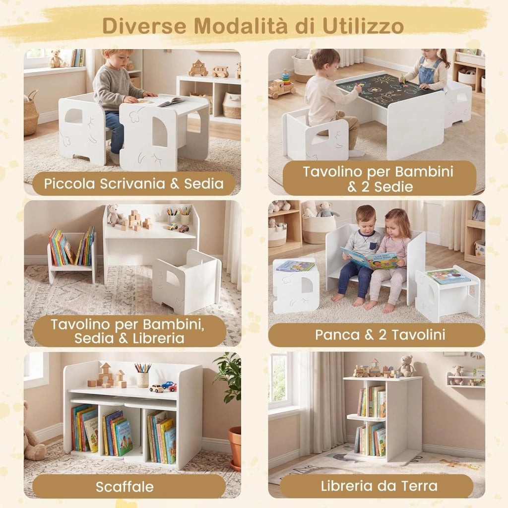 Set Tavolo e 2 Sedie per Bambini, Tavolo e Sedie Salvaspazio per Bambini 3+ Anni con Lavagna per Disegnare e Piedini Antiscivolo, per Camerette, Soggiorno e Studio (Bianco)