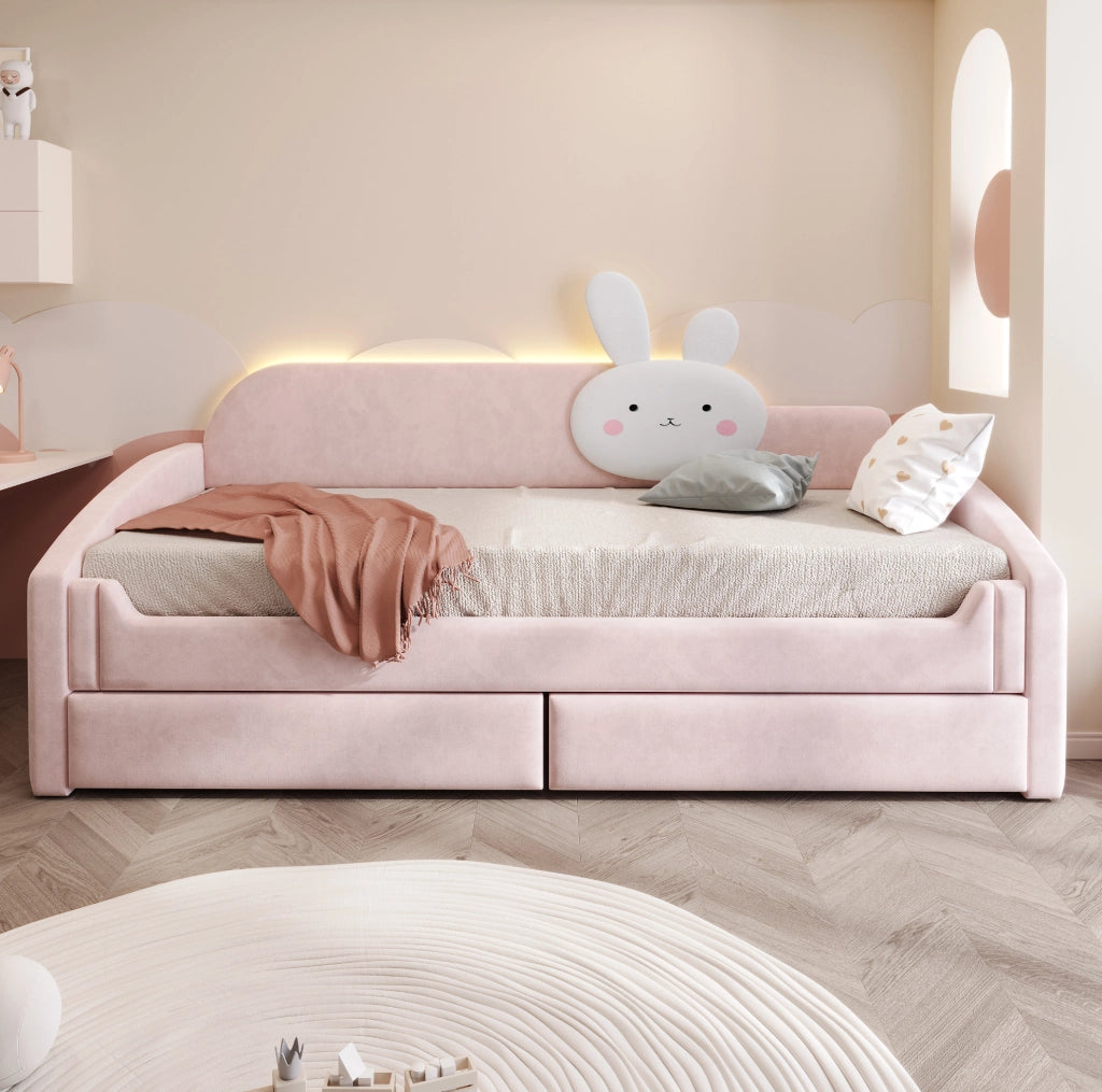Letto per bambini 90x200 cm con 2 cassetti; LED e schienale con cuscino a coniglio; rosa