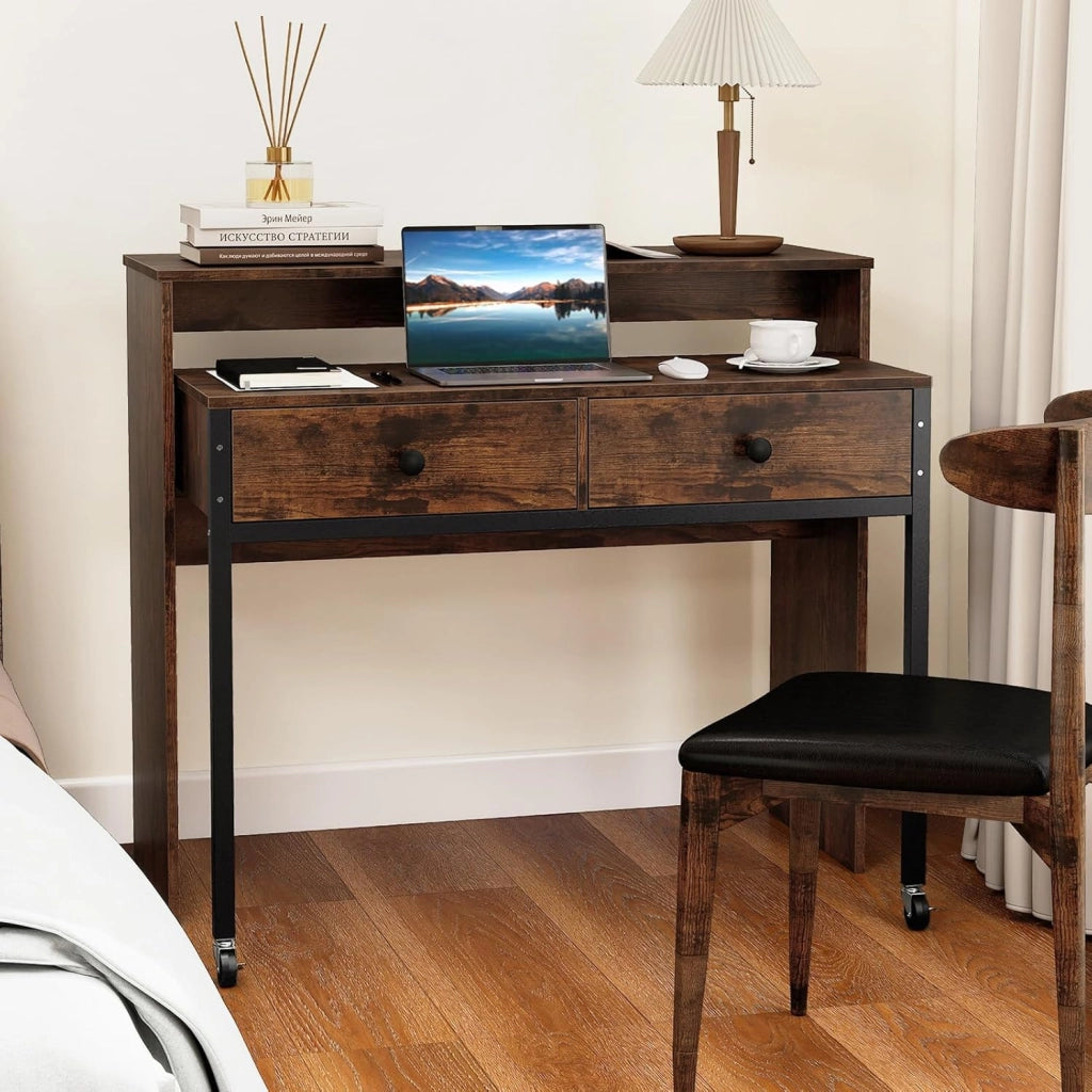 Scrivania per computer con piano estensibile, 100 x 63 x 88 cm, 2 cassetti e ripiano aperto, design compatto con ruote, tavolo da lavoro per camera da letto, ufficio (marrone)
