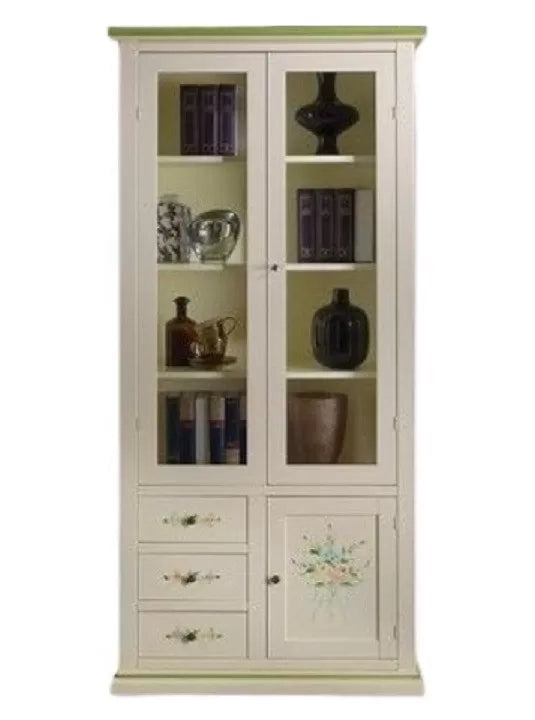 Vetrina 3 ante 3 cassetti in legno shabby avorio anticato decorato 90x41x186 - Mobili 2G