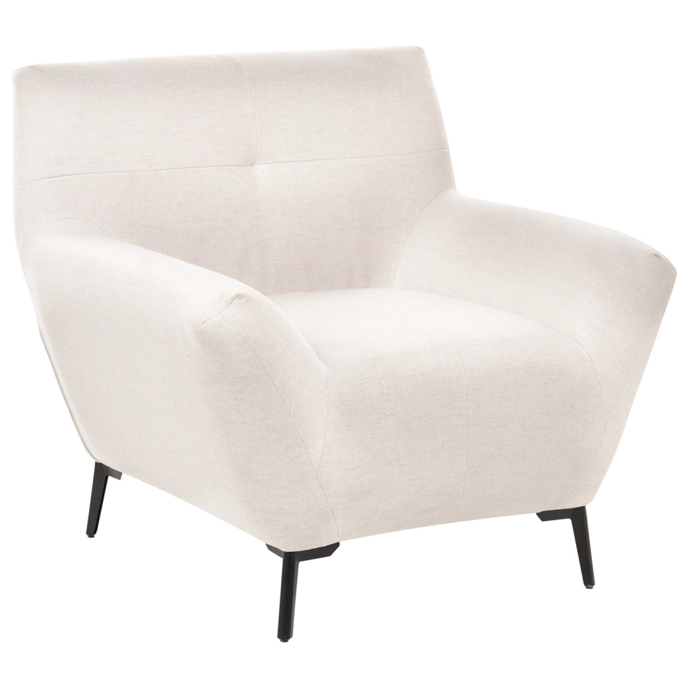 Poltrona in tessuto bianco sporco con braccioli, trapuntatura decorativa e gambe in metallo nero angolo lettura moderno per il soggiorno