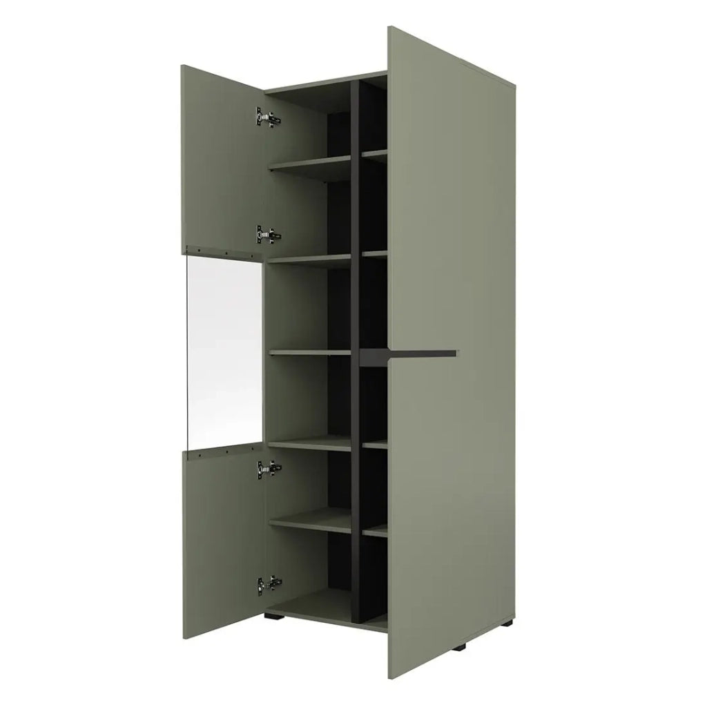 Vetrina alta 2 porte collezione HAVANA con LED integrato. Colori salvia e nero.