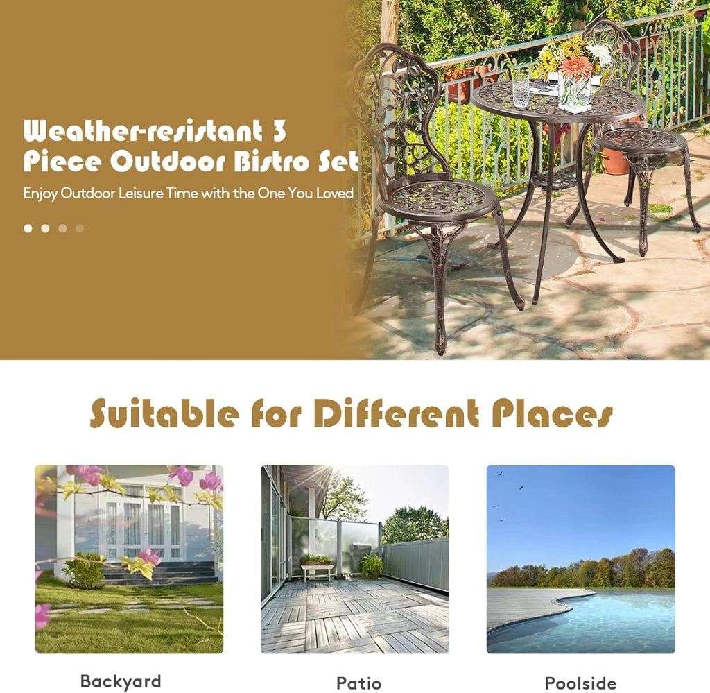 Set da Bistrot Tavolo Rotondo con 2 Sedie in Fusione di Alluminio, Set da Giardino Antico per Esterni Balcone Bordo Piscina, Bronzo