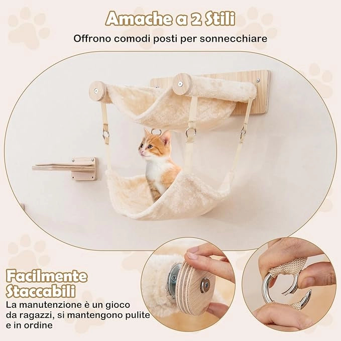 Mensole da Parete per Gatti, Set di Mobili con 2 Amache, Letto, Scalini, Pali Tiragraffi in Juta, Cuscini di Peluche, Arrampicatore in Legno per Gatti da Interno (Modello 1)