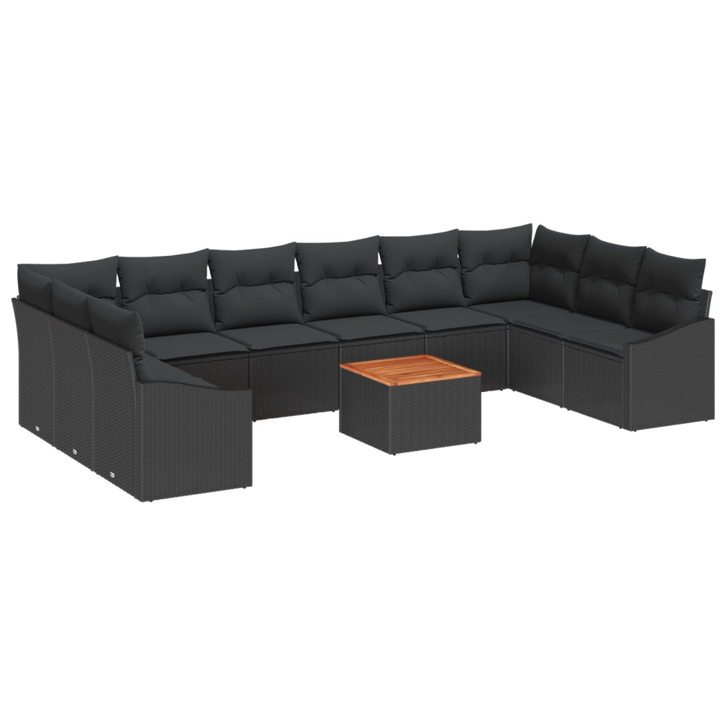 Set Divano da Giardino 11 Pezzi con Cuscini Nero Rattan Acacia