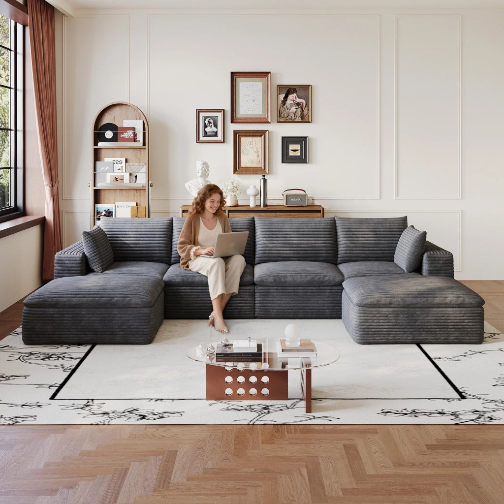 Divano Modulare 3 Posti in Velluto a Coste ¨C MINIMAL ¨C Grigio Scuro, 340cm, Imbottito
