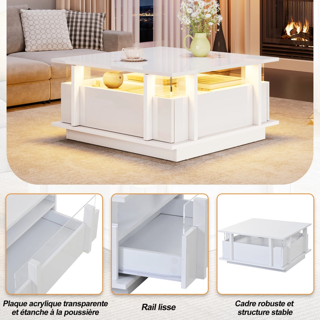 Tavolino da caffè con 2 cassetti e LED - per soggiorno - in truciolare - 70×70×35 cm - bianco
