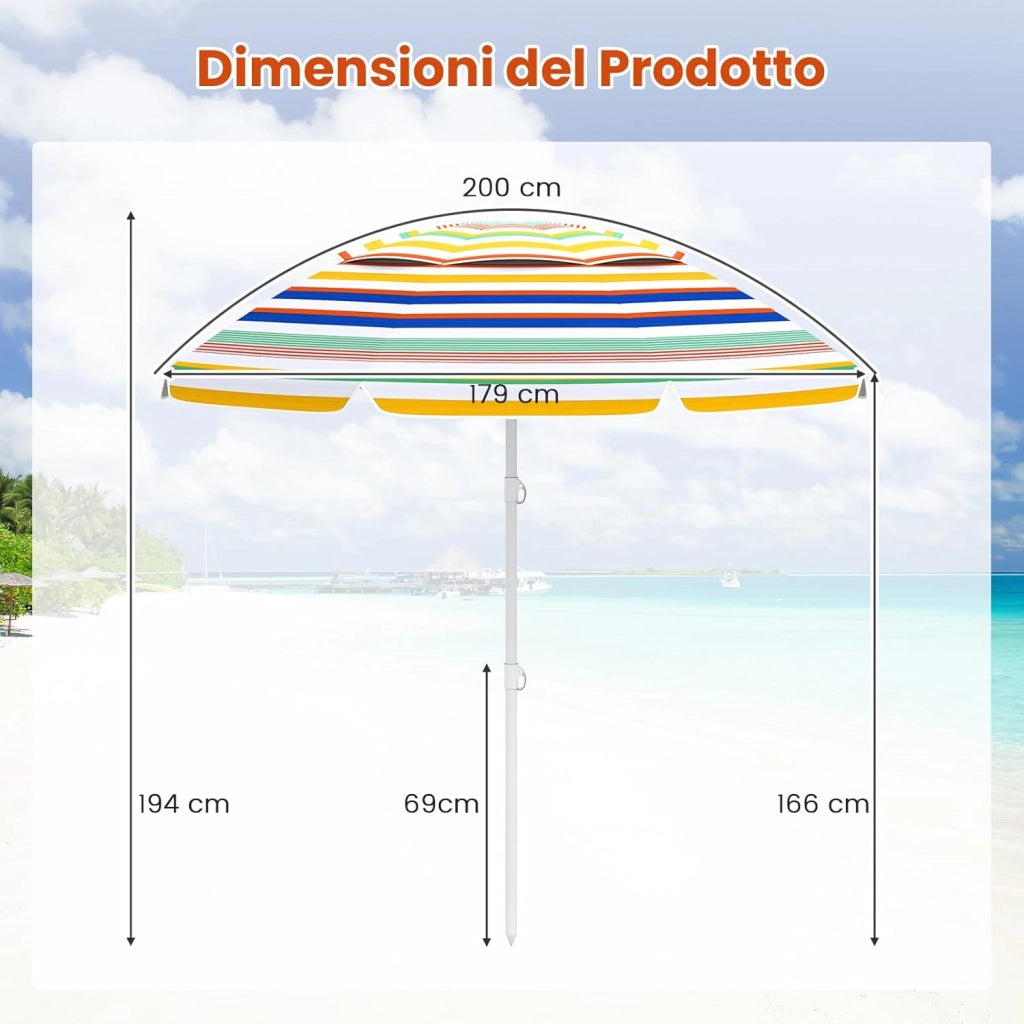 Ombrellone da Spiaggia da 179 cm, Protezione Solare, Ombrellone da Esterno Portatile con Inclinazione Regolabile, Borsa per il Trasporto, per Patio, Giardino, Cortile