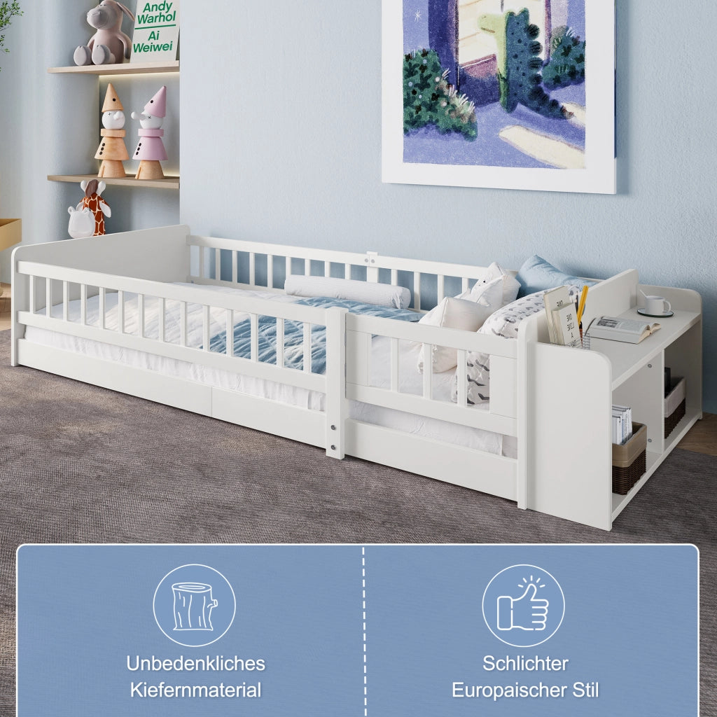 DESMIU Letto Bambino 90 × 200 cm 1 Posto con Vani Aperti, Ripiani e Sponda Apribile, Senza Materasso