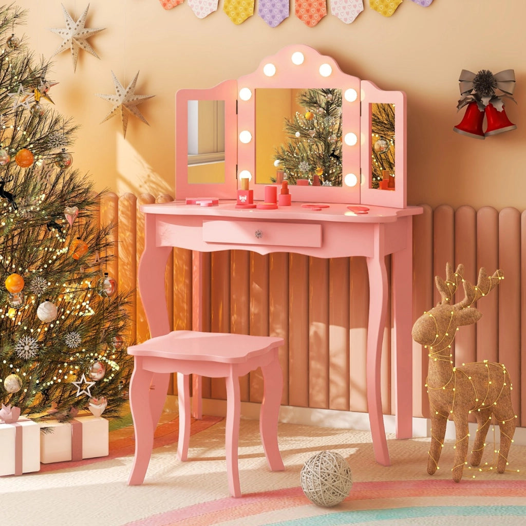 Set tavolo da trucco per bambini con sgabello, Set tavolo vanity principessa con specchio a tre pieghe in vetro Rosa-Toelette per bimbi