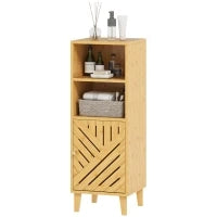 Armadio da Bagno Stretto Mobiletto da Bagno con 2 Ripiani Aperti Porta e Gambe in Bambù 32x30x90 cm Naturale