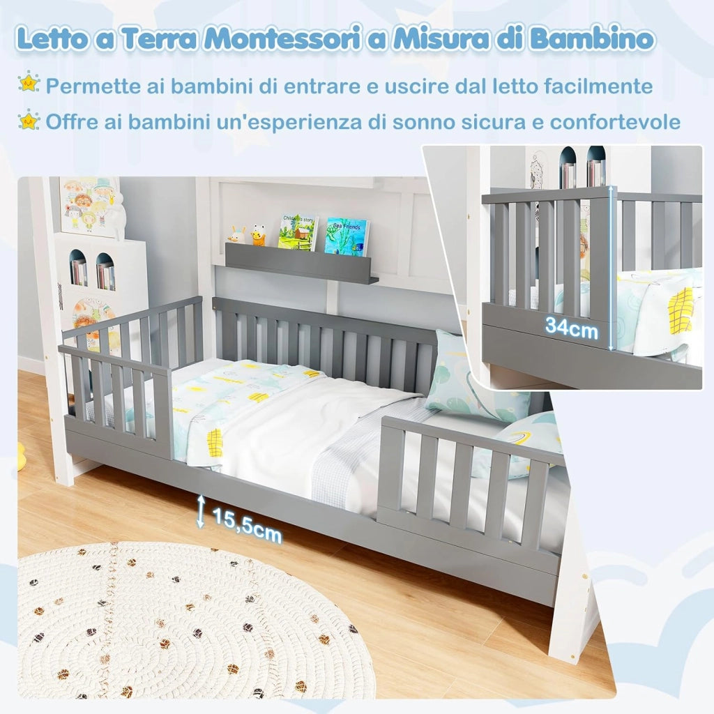 Letto per Cameretta a Forma di Cassetta 90 x 200 cm, per Bambini Struttura di Legno di Pino, Letto Casetta Montessori con 2 Ripiani Mensole e Protezione Anticaduta, Bianco e Grigio