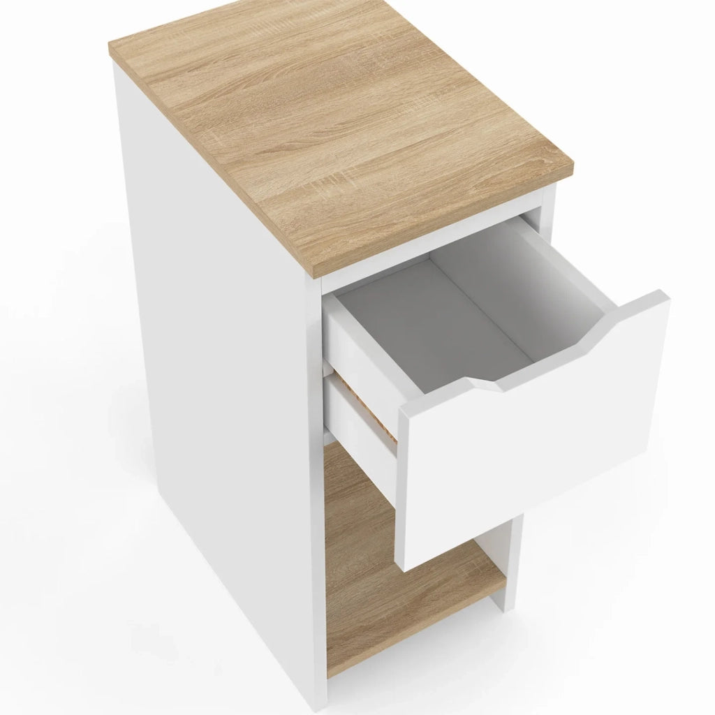 IDMarket - Set di 2 comodini stretti a 1 cassetto ANOUK con nicchia bianca e legno