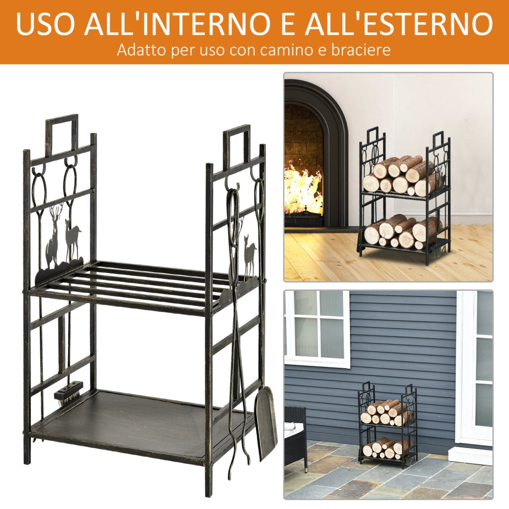 Portalegna in Ferro Battuto con Attrezzi per Camino, Manici e Base Rialzata, 51.5x33x77cm, Nero