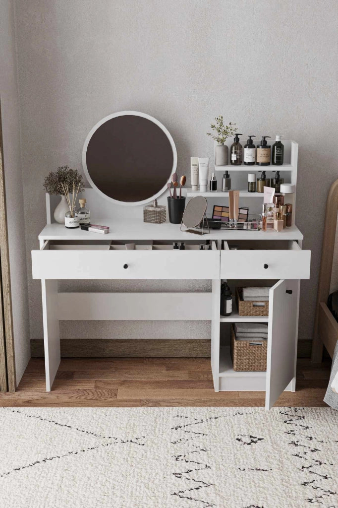 Comodino "Harmony Round" con specchio rotondo in legno - 124 x 40 x 135 cm - Bianco
