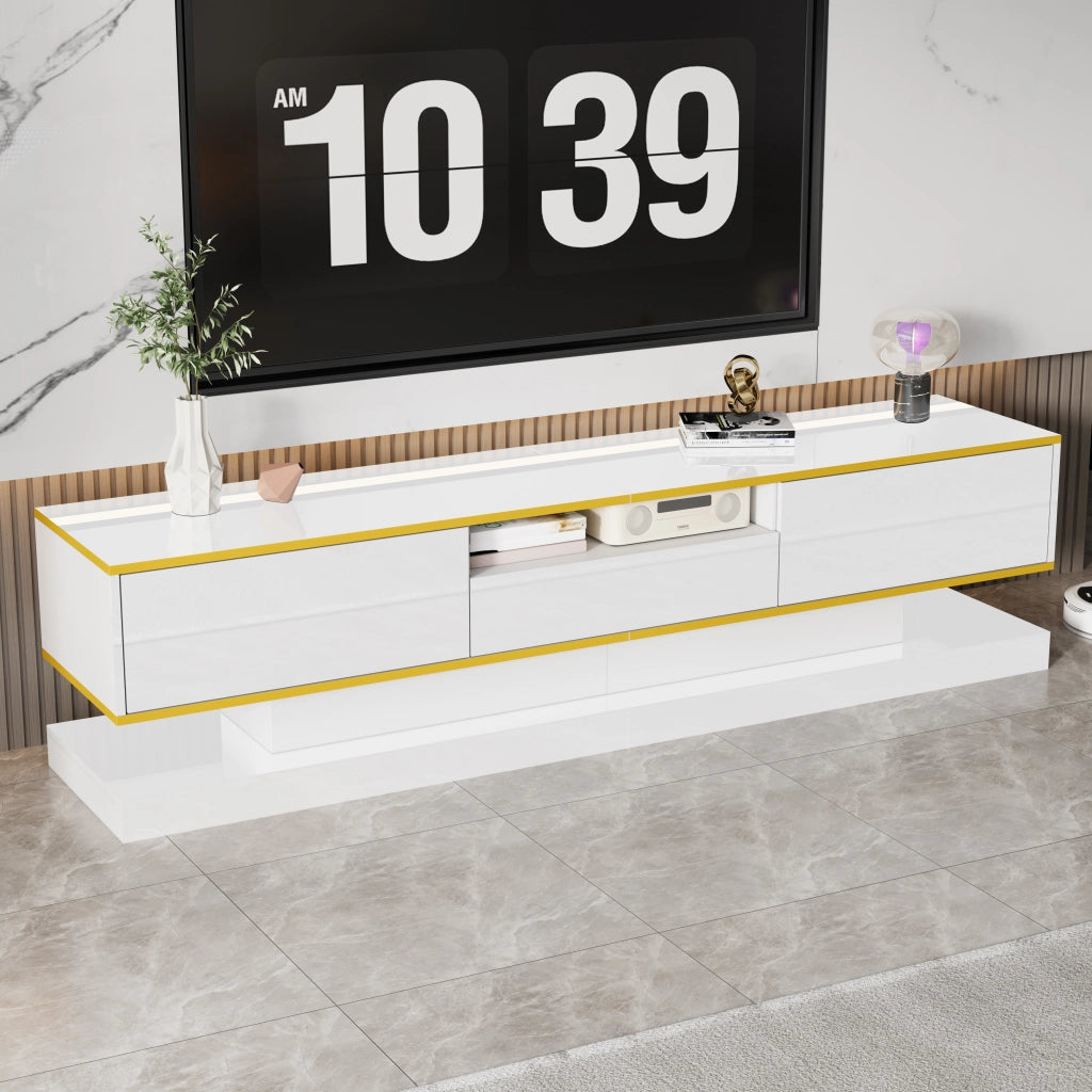 OKWISH Mobile TV con 3 Cassetti e 1 Vano Aperto, LED Multicolore, Finitura Lucida, per Soggiorno, 180 x 38 x 45 cm