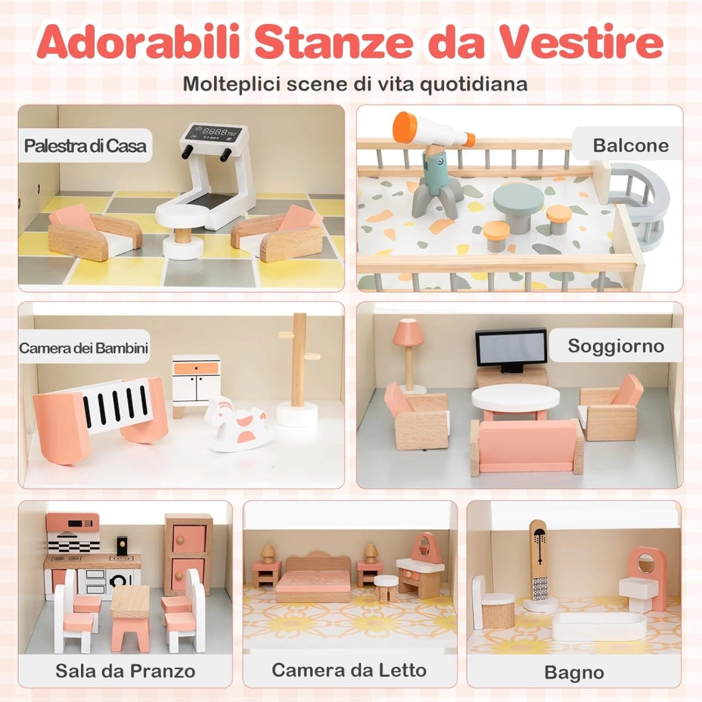 Casa delle Bambole in Legno, Casetta delle Bambole a 3 Piani con 41 Mobili e Accessori, Giocattolo per Bambini 3+ Anni,107 x 82,5 x 94,5 cm (Arancione)