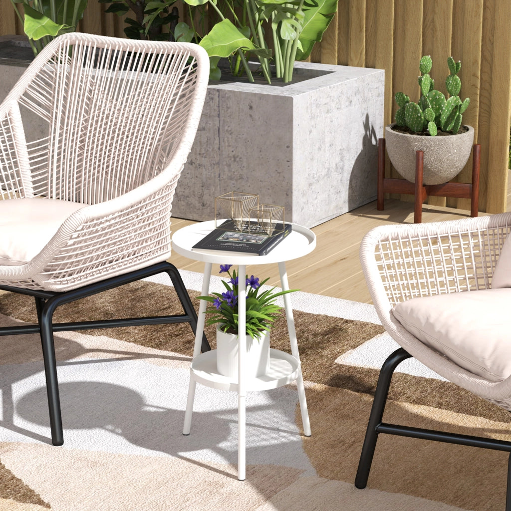 Tavolino da Giardino Rotondo 2 Livelli con Vassoio ¨C zephmum ¨C Bianco ?32x51 cm
