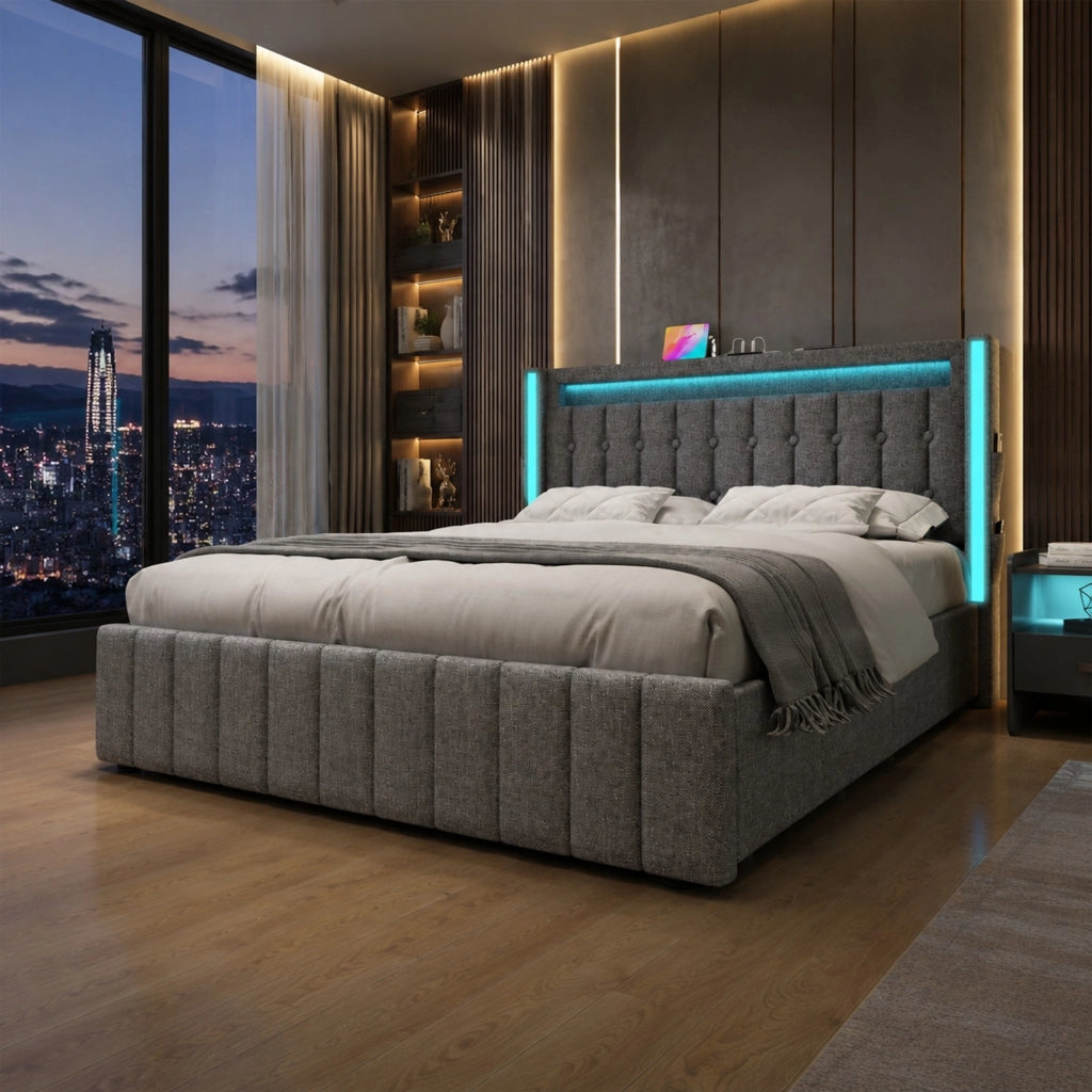 Letto imbottito ULEVR 160x200 cm con 4 cassetti, LED e ricarica USB/Type-C, grigio