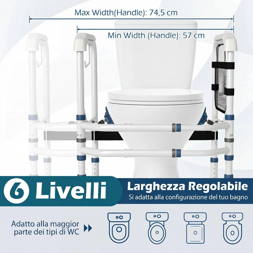 Supporto per WC per Anziani Portata 136 kg, Barra Bagno con Portarotolo e Tasca, Altezza e Lunghezza Regolabili, Corrimano di Sicurezza per WC per Disabili e Donne in Gravidanza