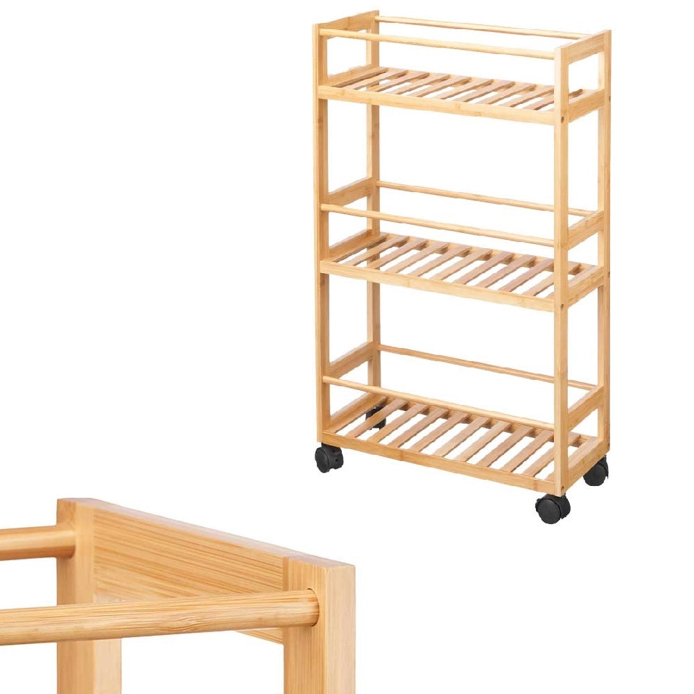 Carrello Cucina Legno Bambù 20x44.5 H75cm Slim 4Ruote Legno Naturale Salvaspazio