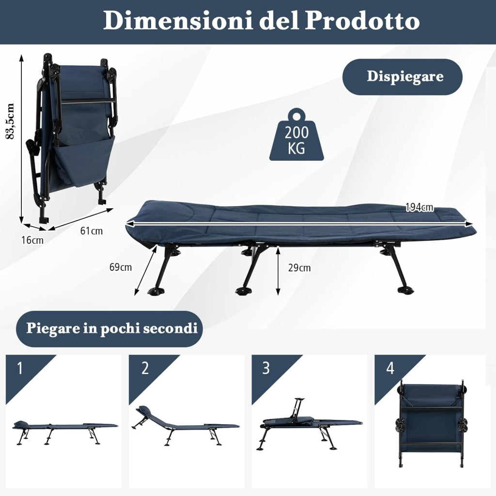Brandina da Campeggio Pieghevole con Materasso Rimovibile, Poggiatesta, Schienale Regolabile in 6 Posizioni e Copripiedi Girevole a 360°, per Campeggio, Ufficio e Ospiti (Blu)