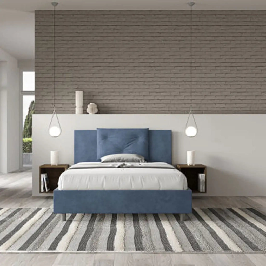 Letto matrimoniale francese con rete imbottito 140x210 microfibra blu Appia