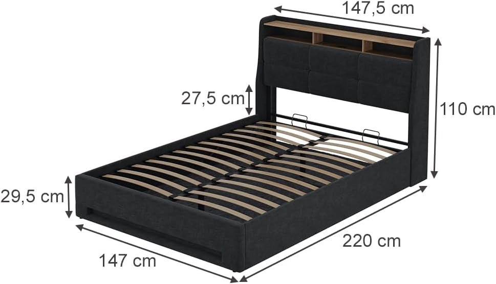 Letto imbottito Christin, Antracite/quercia, con materasso, LED e connessione USB, con rete a doghe e contenitore integrato