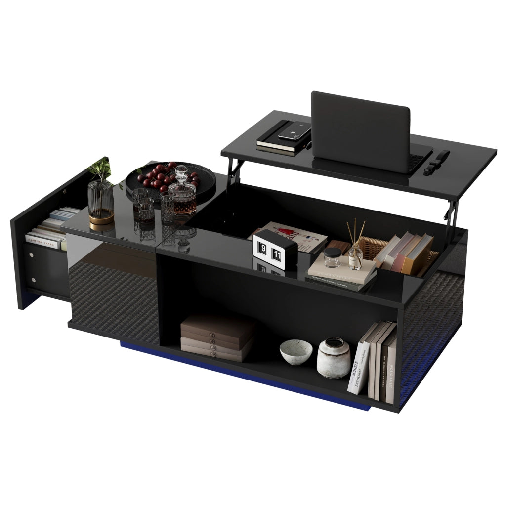 Tavolino da caff猫 100x50x40 cm; alzata idraulica con vano nascosto e cassetto; pannello truciolare nero