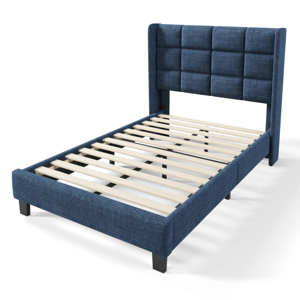 Letto singolo 90x200 cm con testiera imbottita e rete a doghe; lino blu