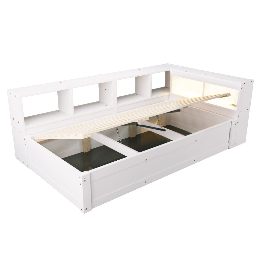 Letto Singolo 90x200 cm; Letto Contenitore con Presa Multifunzione e LED - in MDF - Bianco