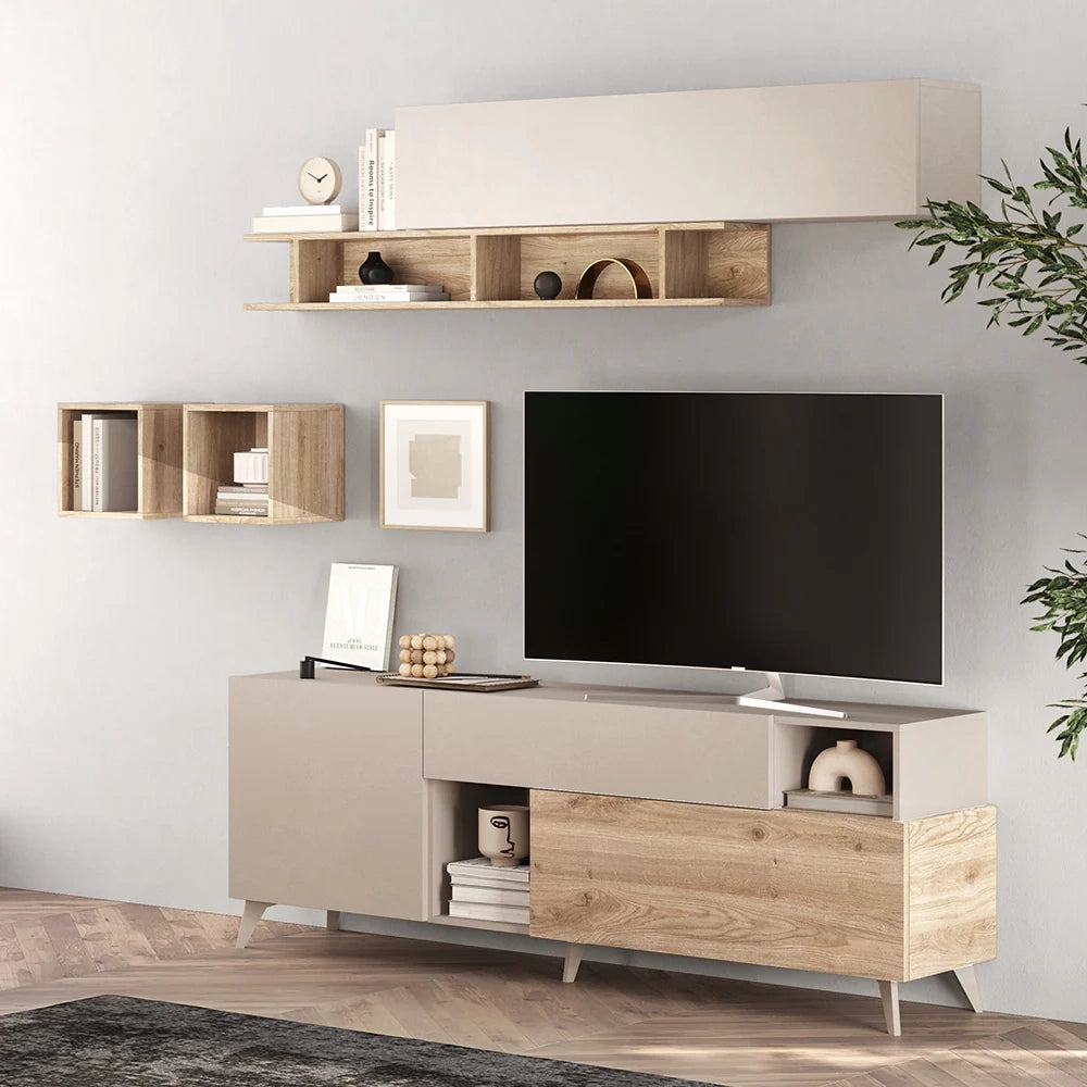 Mobile porta TV 1 anta, 1 cassetto, 1 ribalta e 2 vani Linea MONACO L 181 x H 67 x P 42, realizzato in legno 100% MADE IN ITALY, design moderno per cucina, sala da pranzo, soggiorno colore Cashmere/Rovere