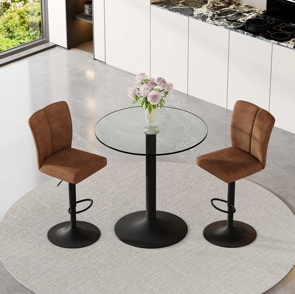 Set Bar con Tavolo in Vetro Ø89 cm e 2 Sgabelli Girevoli in Tessuto Marrone con Struttura in Metallo Nero